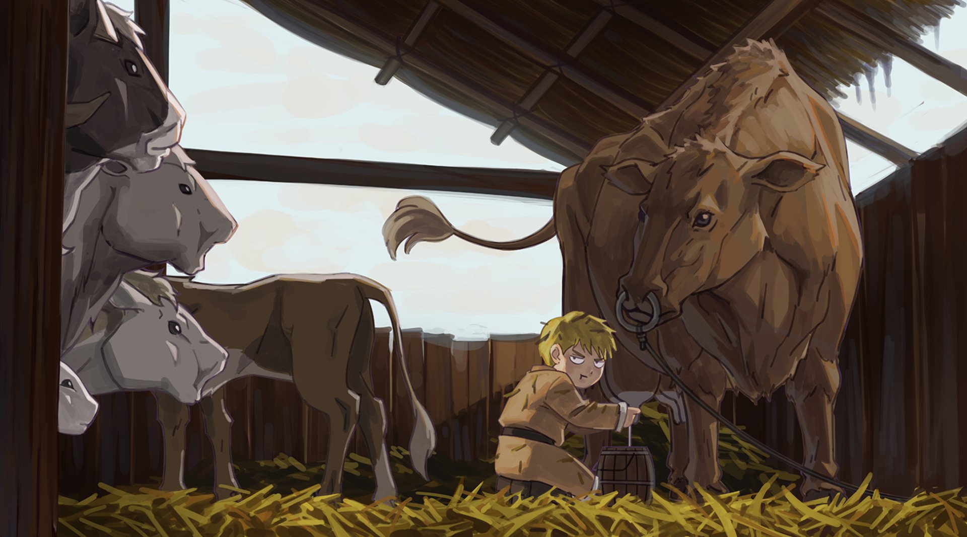 HD anime desktop wallpaper featuring Thorfinn from Vinland Saga inside a barn, surrounded by cows and hay in a peaceful rural setting.