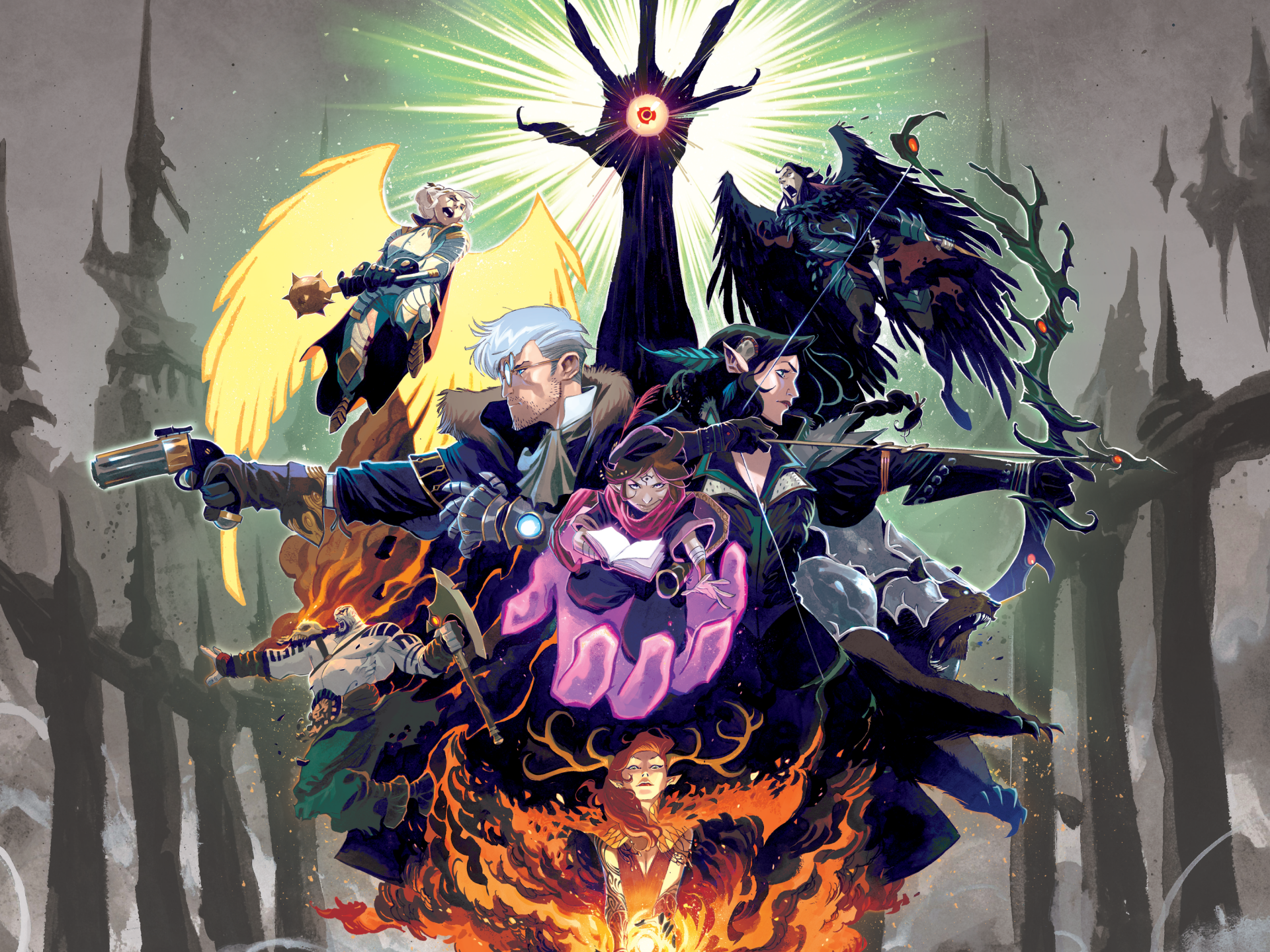 The Legend of Vox Machina characters in dramatic battle stances beneath a looming figure and shadowed pines — vibrant 2K Quad HD PC desktop wallpaper and background.