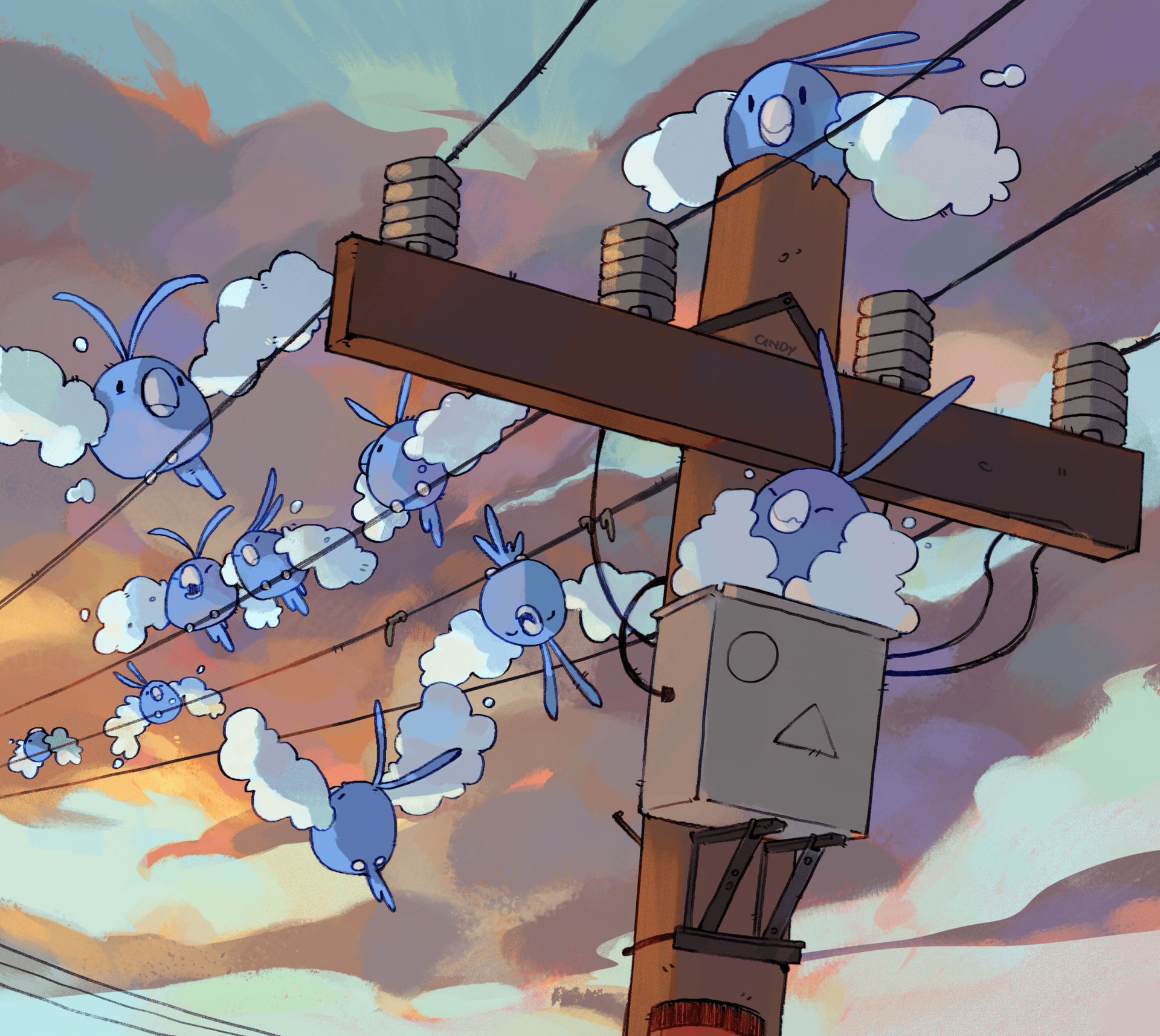 Anime HD PC desktop wallpaper of Swablu (Pokémon) flocking around a utility pole at sunset, their cloud-like wings drifting across a pastel sky.