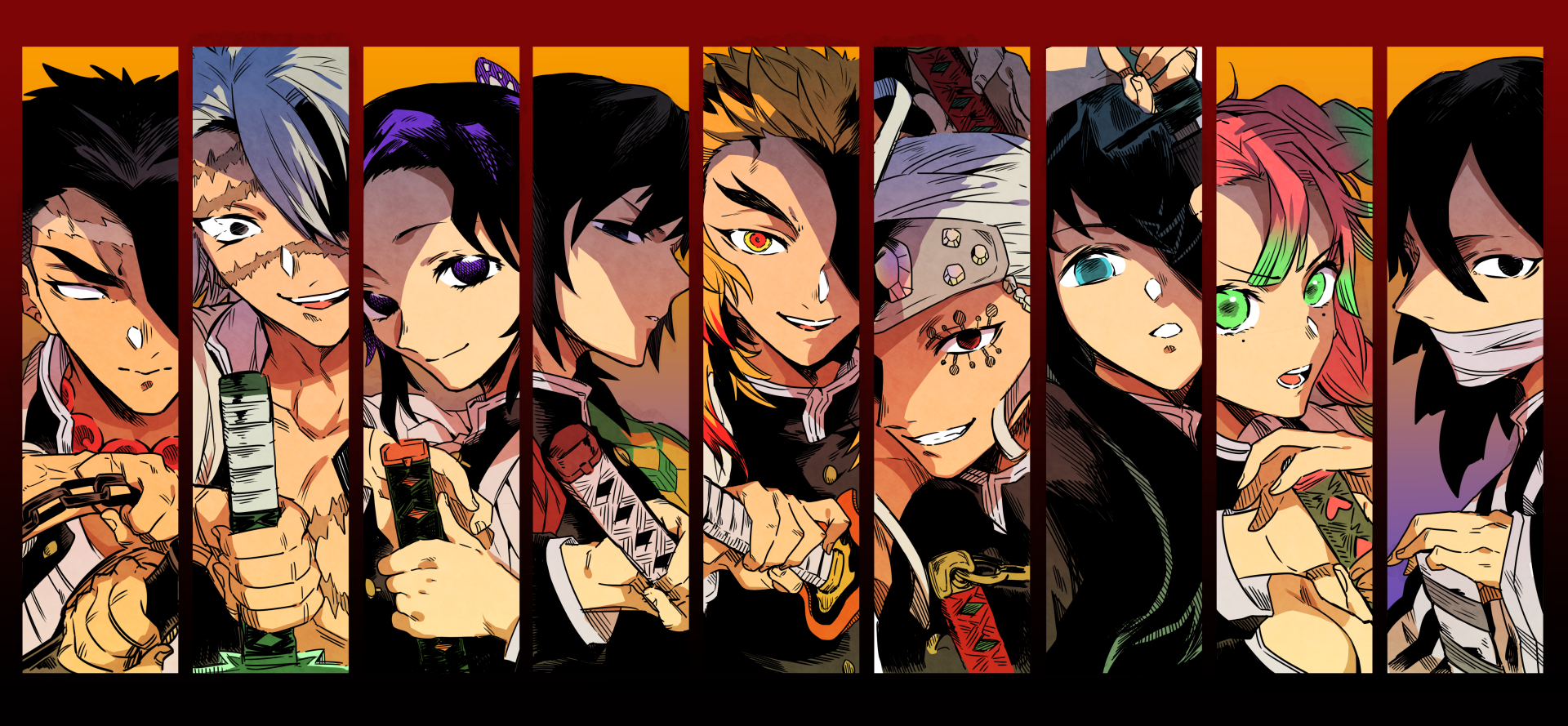 4K Ultra HD Demon Slayer: Kimetsu no Yaiba wallpaper featuring Sanemi Shinazugawa, Muichiro Tokito, Mitsuri Kanroji, Gyomei Himejima, Obanai Iguro, Giyuu Tomioka, Kyojuro Rengoku, Shinobu Kochou, and Tengen Uzui.