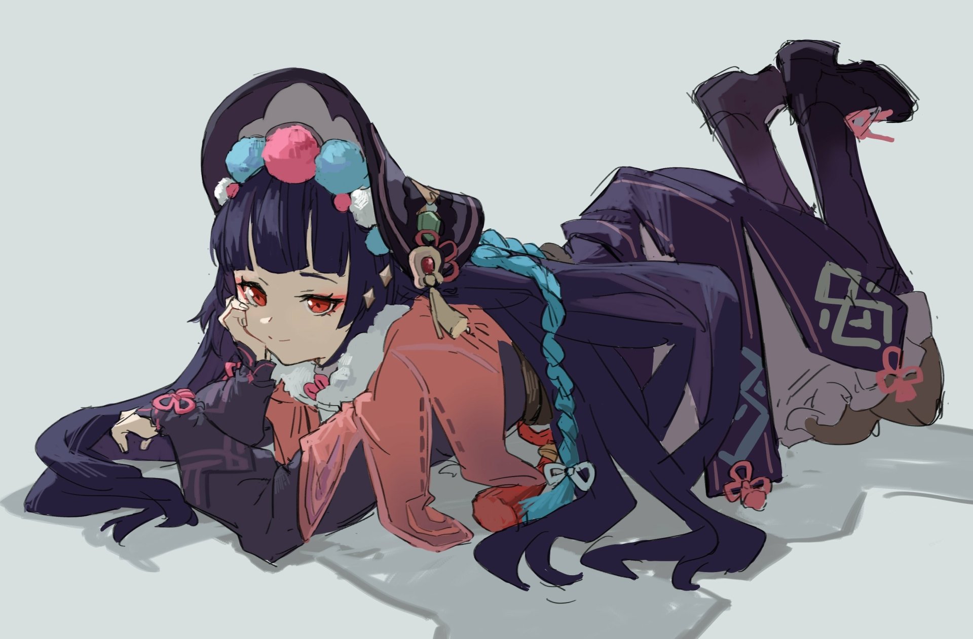 Yun Jin from Genshin Impact reclining on her stomach, wearing an ornate opera-style outfit with teal braided hair and red eyes — 2K Quad HD PC desktop wallpaper/background.