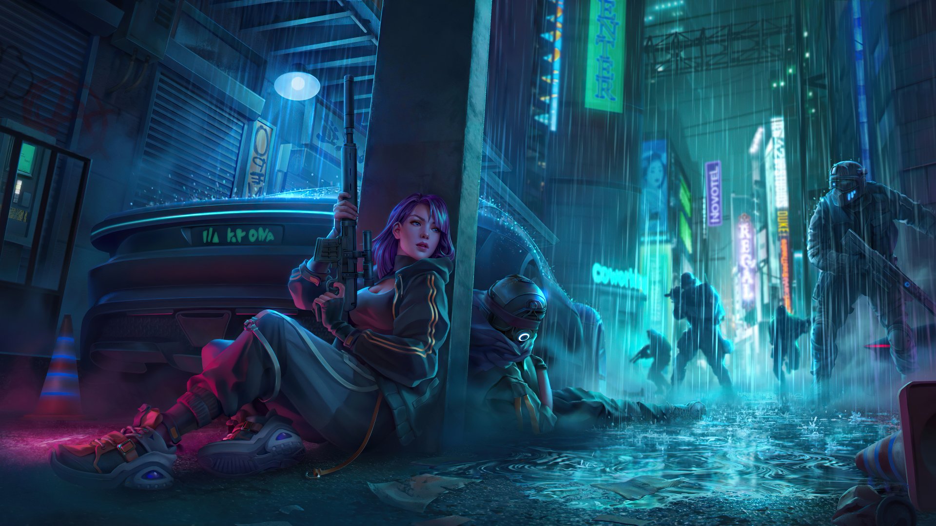 Futuristic cyberpunk alley scene featuring a woman warrior crouched against a wall, illuminated by neon lights in a detailed 4K Ultra HD sci-fi cityscape background.