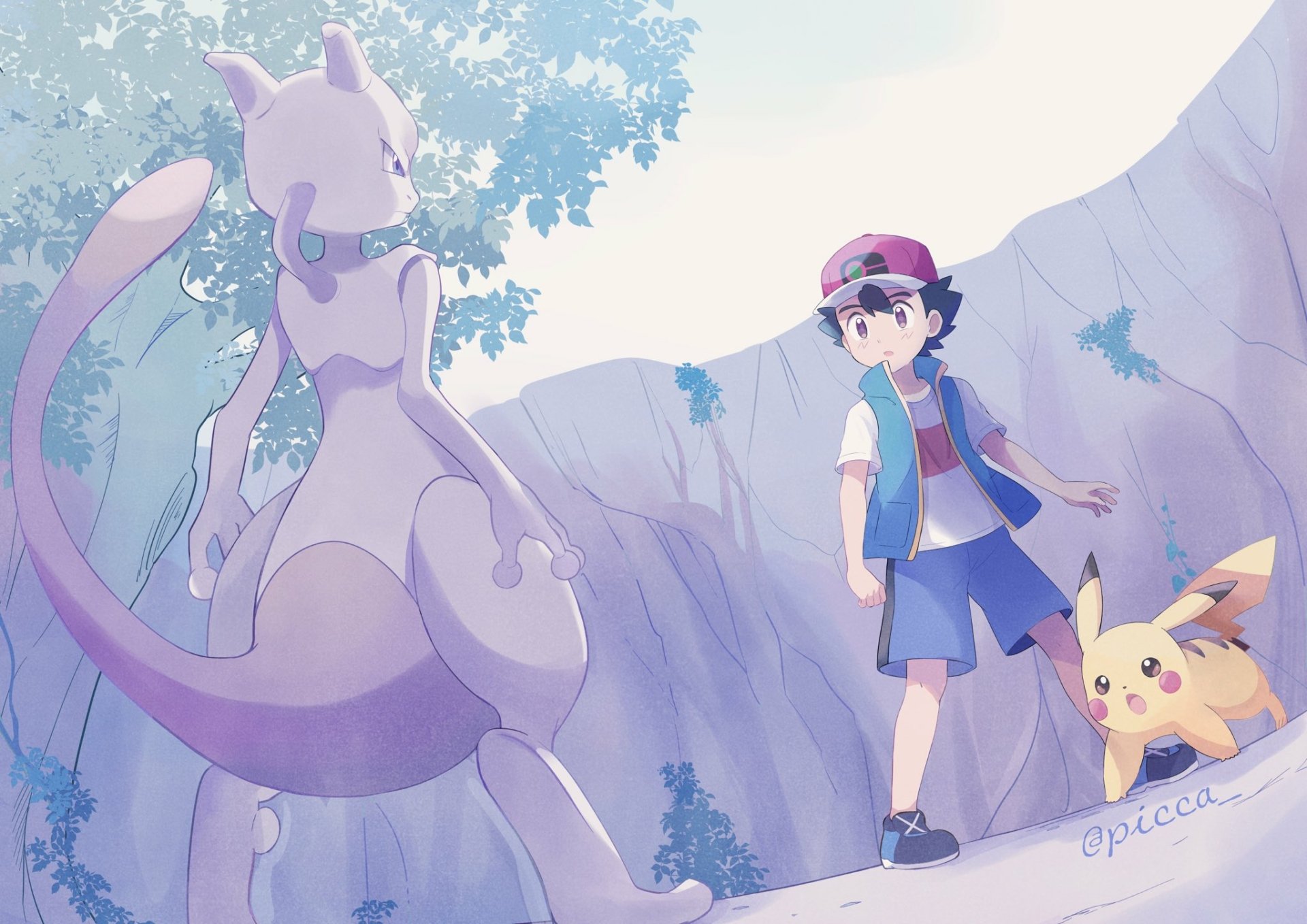 HD PC desktop wallpaper featuring Ash Ketchum with Pikachu facing Mewtwo in an anime-style Pokémon scene.