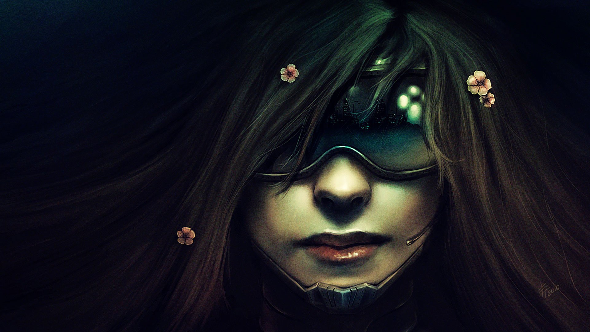 A sci-fi themed HD desktop wallpaper featuring a woman with long hair, wearing futuristic goggles, surrounded by subtle floral accents, creating a striking and atmospheric background.