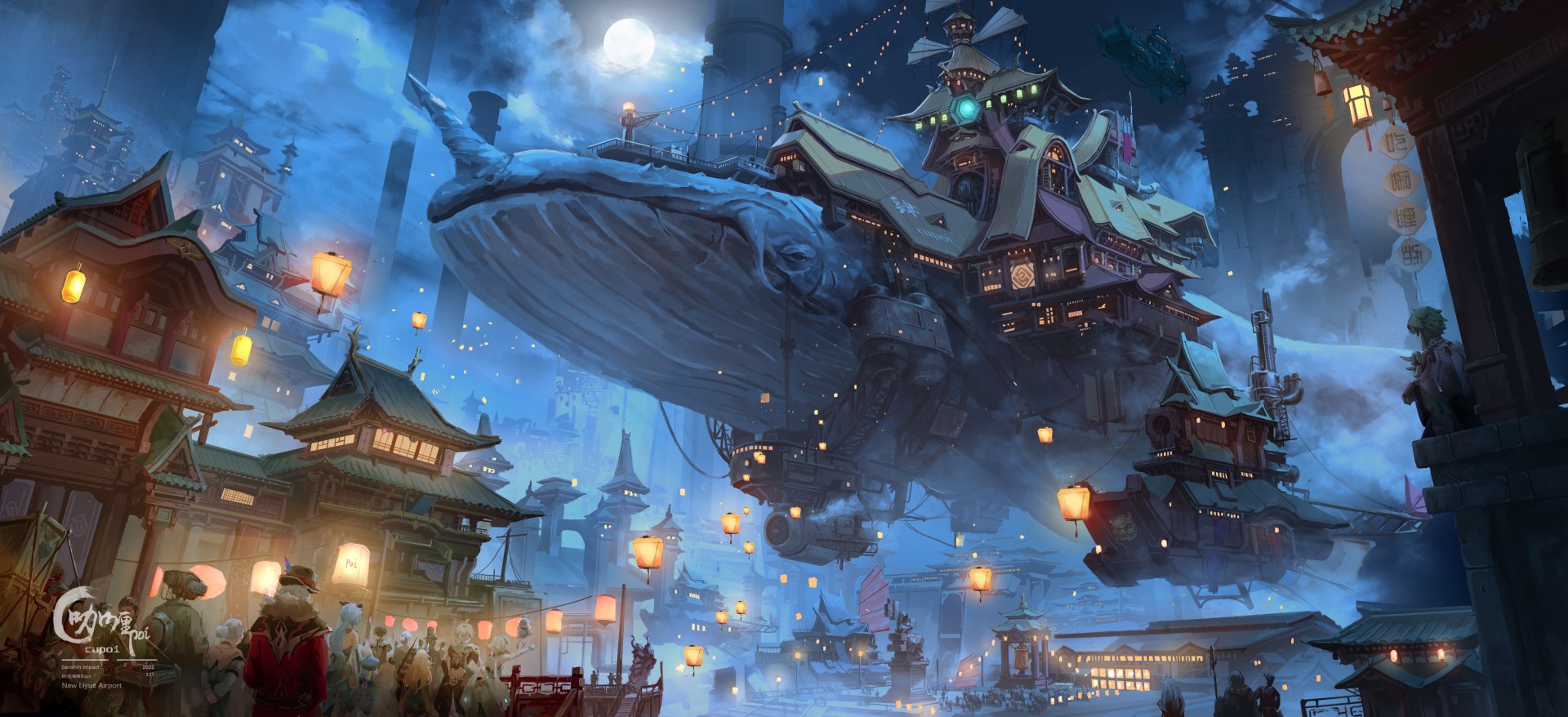A majestic whale carrying an intricate floating village glides above a lantern-lit Liyue landscape from Genshin Impact, captured in vibrant 4K Ultra HD detail.