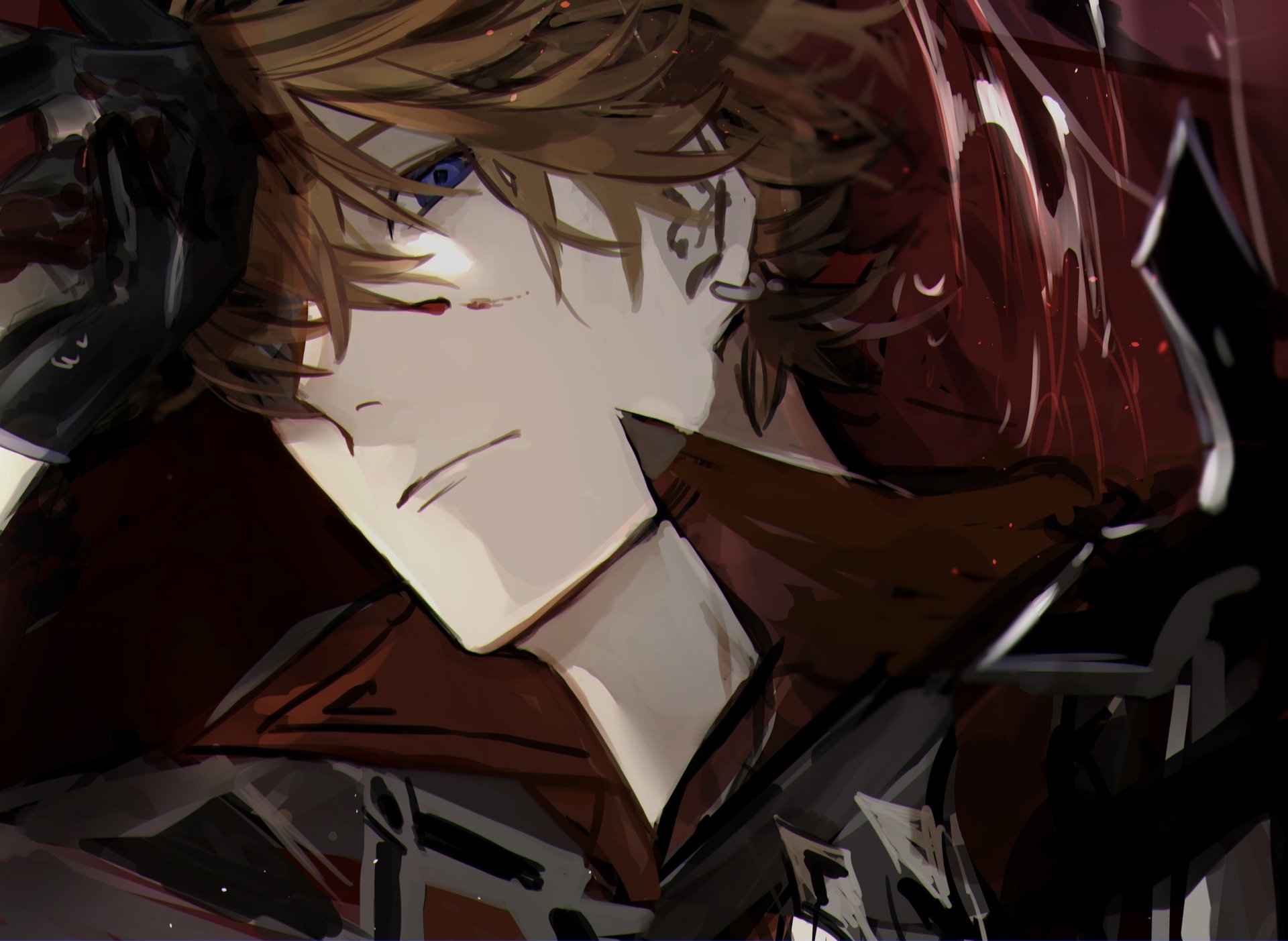 HD desktop wallpaper featuring Tartaglia Childe from the video game Genshin Impact in a dynamic close-up pose with intense expression and detailed shading.