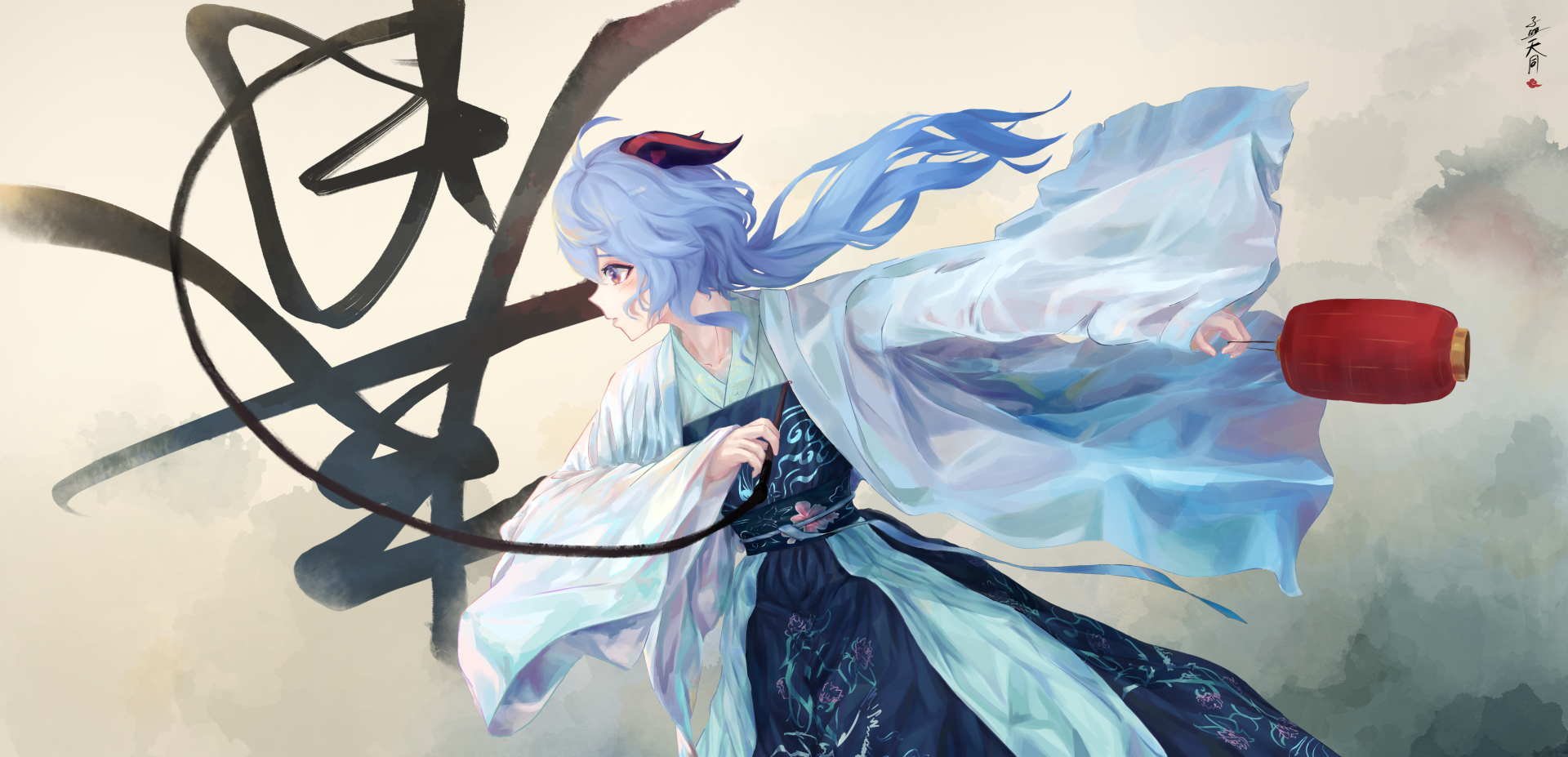 Ganyu from Genshin Impact in flowing attire with dynamic brushstroke background, presented as a vibrant 4K Ultra HD PC desktop wallpaper and background.