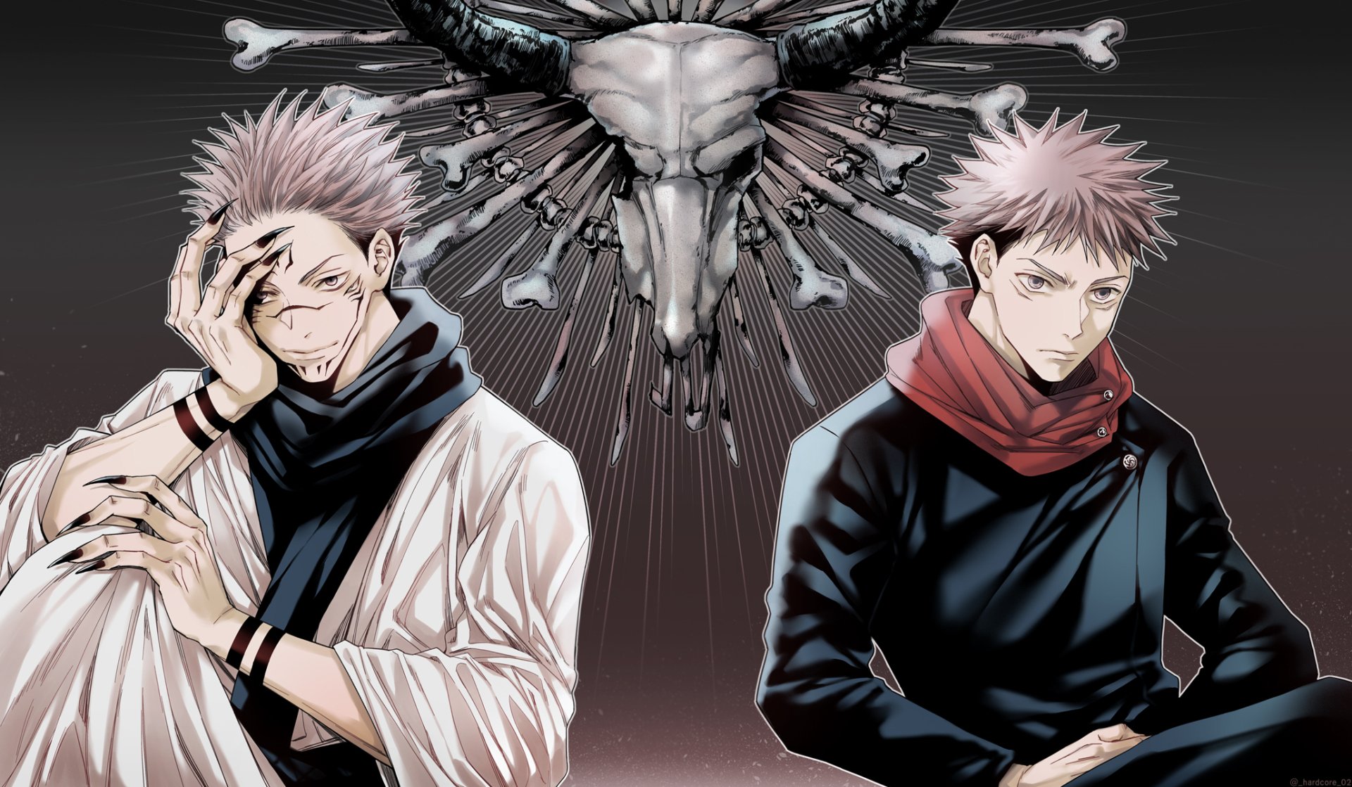 HD PC wallpaper featuring anime characters Yuji Itadori and Sukuna from Jujutsu Kaisen, with a skull and bone design in the background.