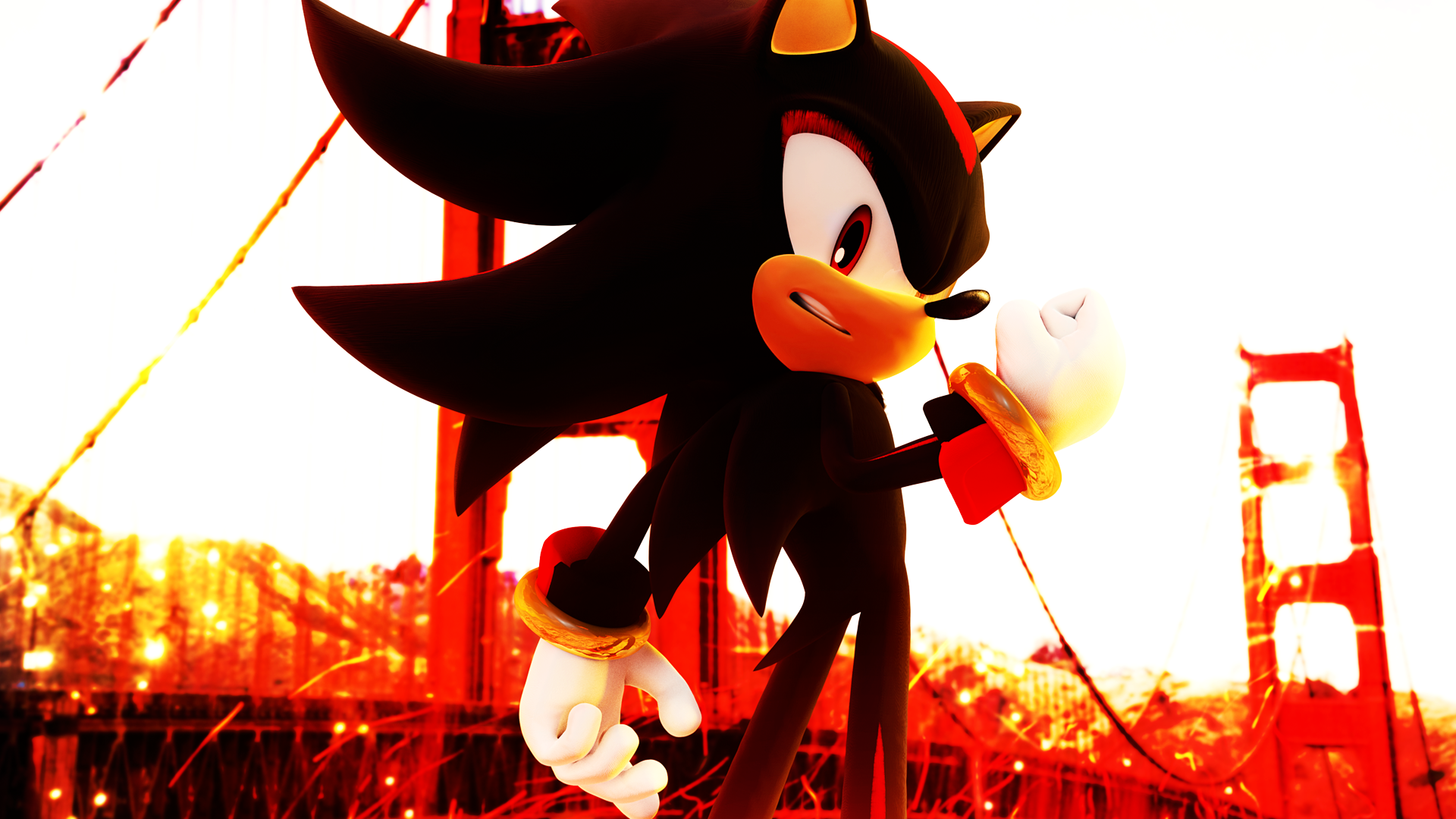 Shadow the Hedgehog from the video game Sonic Forces: Speed Battle poses against a fiery Golden Gate–style bridge scene — HD PC desktop wallpaper/background.