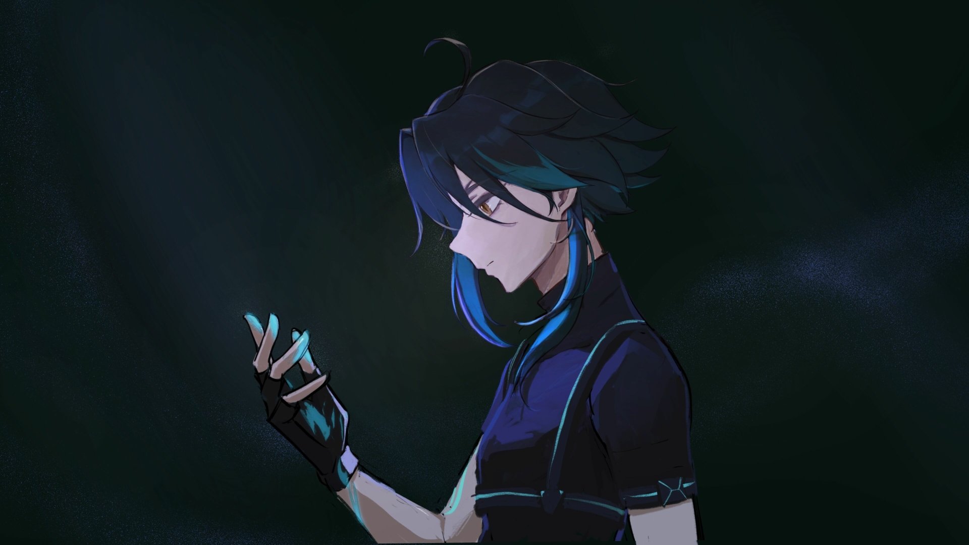 4K Ultra HD PC desktop wallpaper of Xiao from the video game Genshin Impact, featuring him in a dark, moody setting with glowing blue accents.