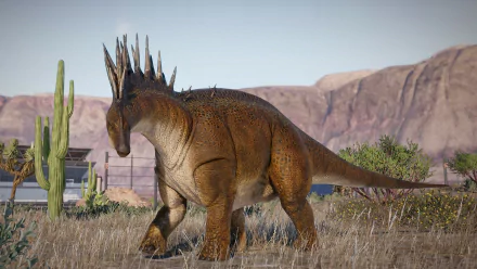 HD wallpaper of a striking dinosaur from Jurassic World Evolution 2, showcasing the game's detailed graphics against a desert backdrop with cacti.