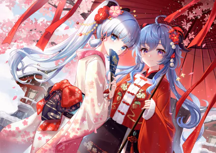 2K Quad HD PC wallpaper of Kamisato Ayaka and Ganyu from the video game Genshin Impact — both in festive kimonos under a red umbrella amid snow and falling cherry blossoms.