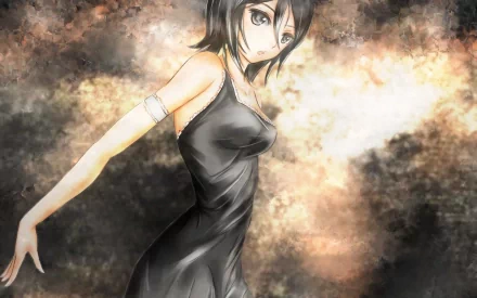 HD desktop wallpaper featuring Rukia Kuchiki from the anime Bleach, wearing a black dress, set against a smoky, abstract background.