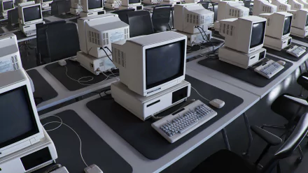 HD desktop wallpaper featuring rows of vintage computers set up for use as a stylish and tech-themed background.
