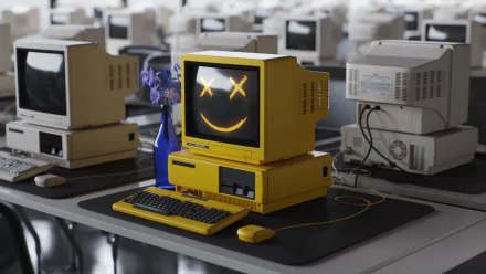 Vintage yellow computer with smiley face on screen, surrounded by classic computers, for HD desktop wallpaper and background.