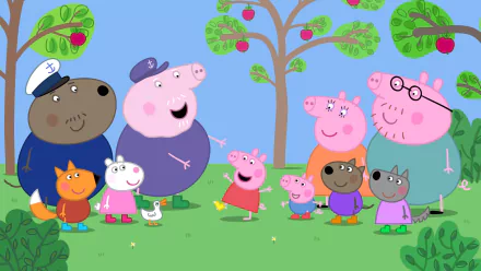 A vibrant HD desktop wallpaper featuring characters from the TV show Peppa Pig, showcasing Peppa and her friends happily gathering under leafy trees.