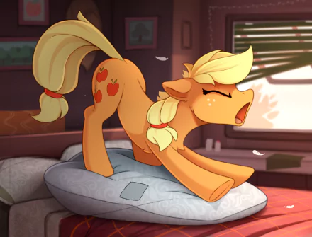 HD PC desktop wallpaper of Applejack (My Little Pony) from the TV show My Little Pony: Friendship Is Magic yawning and stretching on a pillow in a cozy bedroom.