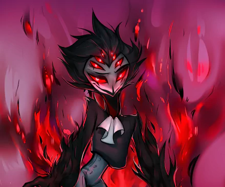 HD desktop wallpaper featuring Stolas from the TV show Helluva Boss, surrounded by red flames and dark, smoky tendrils in a striking, vivid composition.