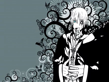 HD wallpaper featuring Allen Walker from the anime D.Gray-man, showcasing intricate swirls and a striking black-and-white design. The character exudes a mysterious aura with blue eyes.