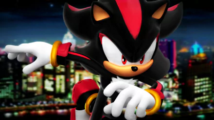 HD desktop wallpaper featuring Shadow the Hedgehog with glowing red eyes against a cityscape, inspired by the video game Sonic Adventure 2 Battle.