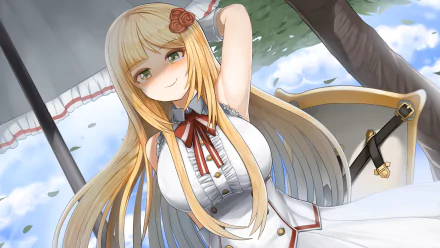 Lapice (Guardian Tales) from the video game Guardian Tales, anime-style, smiling in a white dress beneath a parasol — HD PC desktop wallpaper/background.