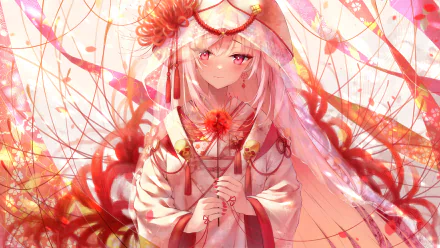 Anime-style 4K Ultra HD PC wallpaper featuring Mori Calliope from hololive, depicted in vibrant red and white attire with a serene expression amidst delicate floral elements.