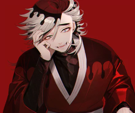 HD PC desktop wallpaper of Doma (Demon Slayer: Kimetsu no Yaiba), anime portrait against a red background, pale hair, red eyes, hand to face and a sly smile.