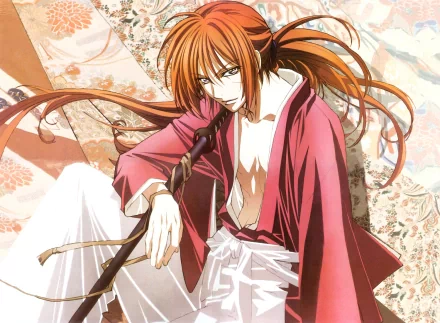 Kenshin Himura from the anime Rurouni Kenshin, depicted in a detailed HD wallpaper, showcasing his iconic red attire and serene expression.