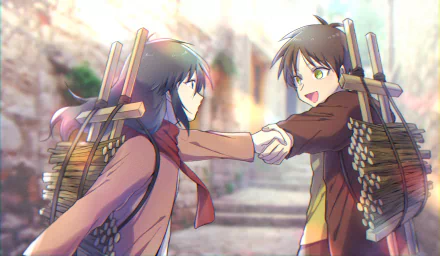HD anime wallpaper featuring Mikasa Ackerman and Eren Yeager from Attack on Titan, depicted in a dynamic scene with vibrant colors and detailed backgrounds.