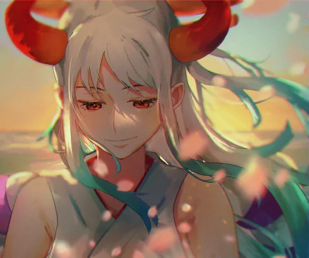 Yamato (One Piece) anime portrait with a soft sunset glow, flowing hair and horns — HD PC desktop wallpaper/background.