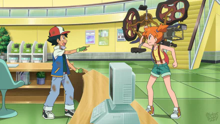 black hair orange hair cap bike Misty (Pokémon) Ash Ketchum Anime Pokemon HD Desktop Wallpaper | Background Image