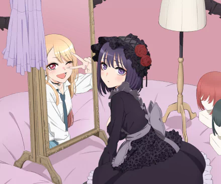 Anime HD desktop wallpaper featuring Marin Kitagawa from My Dress-Up Darling, shown with a mirror reflecting her cheerful expression against a soft pink background.