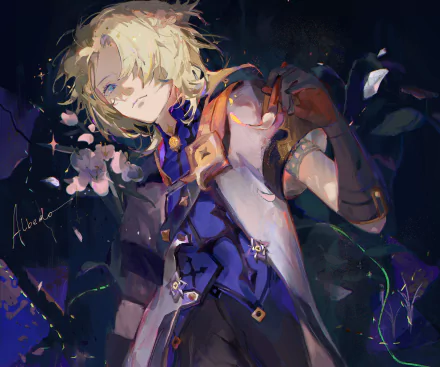 Albedo (Genshin Impact) from the video game in a 2K Quad HD PC desktop wallpaper and background: blond alchemist in a blue coat amid floating petals and a starry night.