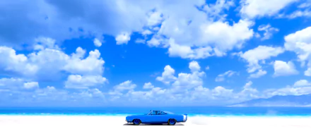 Forza Horizon 5 video game 5K Ultra HD PC wallpaper: bright blue vintage car on white sand with an expansive azure sky and puffy clouds.