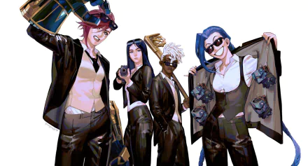 HD PC desktop wallpaper featuring Ekko, Jinx, Caitlyn, and Vi from the Arcane TV show, all dressed in sharp black suits striking confident poses.