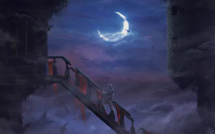 Super Castlevania IV video game Castlevania 2K Quad HD PC desktop wallpaper: lone vampire hunter on a crumbling staircase beneath a glowing crescent moon and drifting fog.