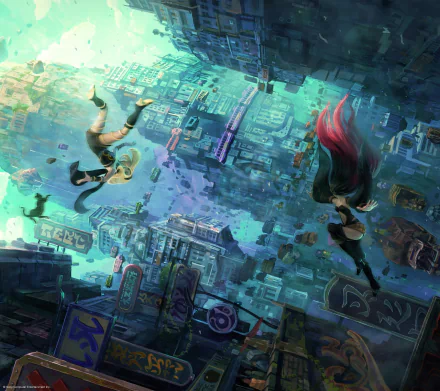 A vibrant HD wallpaper featuring Kat and Raven from Gravity Rush 2, showcasing their dynamic descent through a colorful, sprawling cityscape.