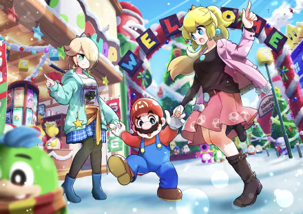4K Ultra HD PC desktop wallpaper showing Rosalina, Princess Peach, and Mario from Super Mario Bros. in winter outfits, celebrating in a colorful snowy festival town — video game artwork.