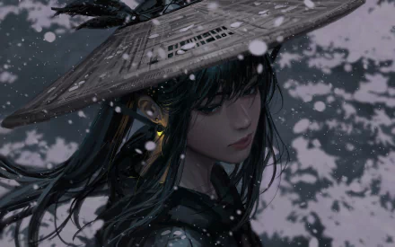 Anime girl with long dark hair wearing a traditional straw hat, set against a snowy, shadowy background in a 4K Ultra HD PC desktop wallpaper.