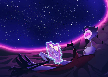 HD PC desktop wallpaper of Stolas from the TV show Helluva Boss, depicted against a starry night sky with vibrant purple and pink hues.