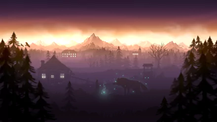 A magical wolf silhouette glows with blue lights in a misty forest village at sunset, rendered in 4K Ultra HD fantasy style for a PC desktop wallpaper.