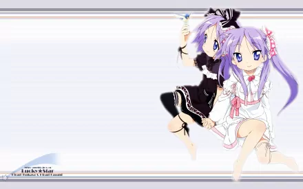 HD PC desktop wallpaper featuring two Lucky Star anime characters with light purple hair, set against a soft gradient background.