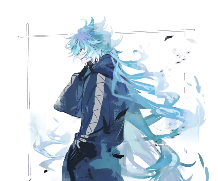 Idia Shroud, video game Twisted Wonderland — HD PC desktop wallpaper: blue‑haired figure in a dark coat, long flowing hair and ethereal blue wisps against a pale, framed background.