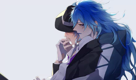 HD PC desktop wallpaper of Idia Shroud and Azul Ashengrotto from the video game Twisted Wonderland — a close, intimate portrait with flowing blue hair and dark clothing on a pale background.