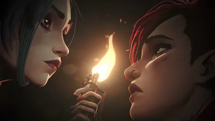 Close-up 4K Ultra HD wallpaper of Vi and Jinx from the TV show Arcane, featuring intense expressions and dramatic lighting with a lighter flame between them.