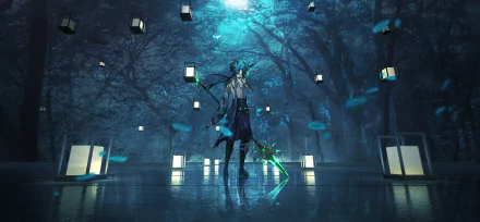 HD desktop wallpaper featuring Xiao from the video game Genshin Impact, shown in a mystical, moonlit forest with floating lanterns.