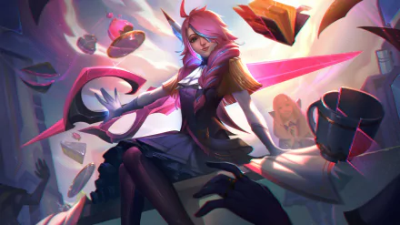 HD PC desktop wallpaper featuring Gwen from the video game League of Legends, showcasing her with glowing pink scissors in a dynamic, vibrant scene.