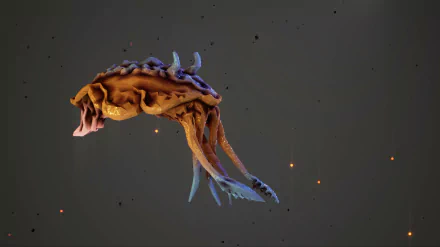 HD desktop wallpaper featuring a creature from Deep Rock Galactic video game, with a dark background speckled with floating particles.