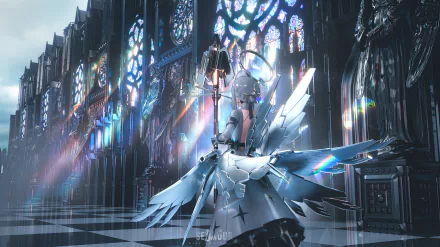 4K Ultra HD PC wallpaper of Liv from the video game Punishing: Gray Raven — a cyborg on a winged mech in a stained-glass cathedral bathed in blue light and chrome reflections.