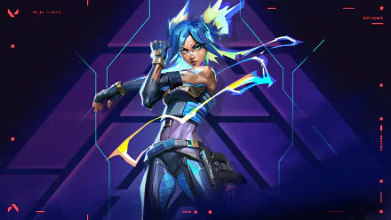 HD PC desktop wallpaper featuring Neon from the video game Valorant, showcasing her dynamic pose and electric blue energy effects against a futuristic background.